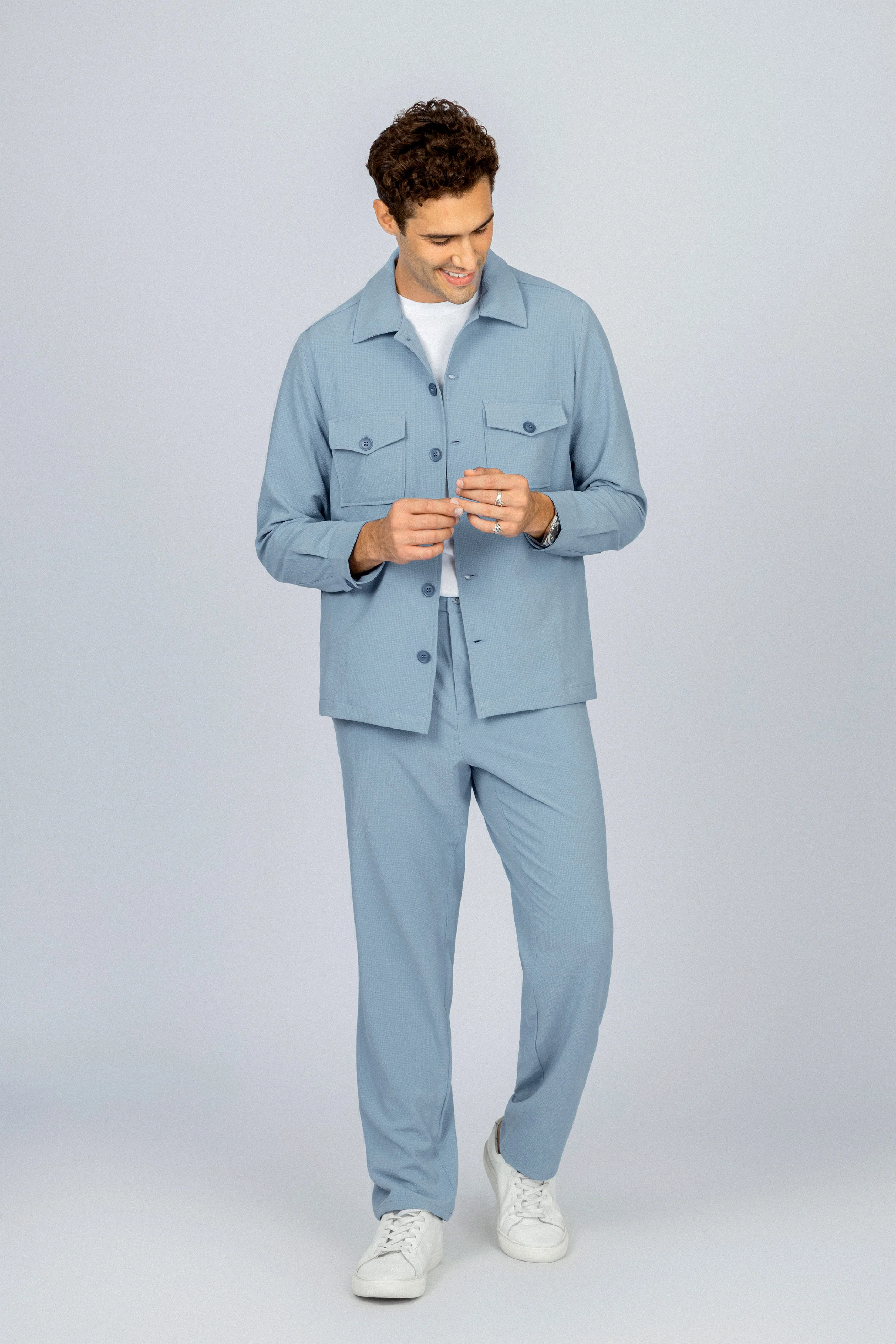 Patterned Light Blue Button-Up Over-Shirt - Image 2