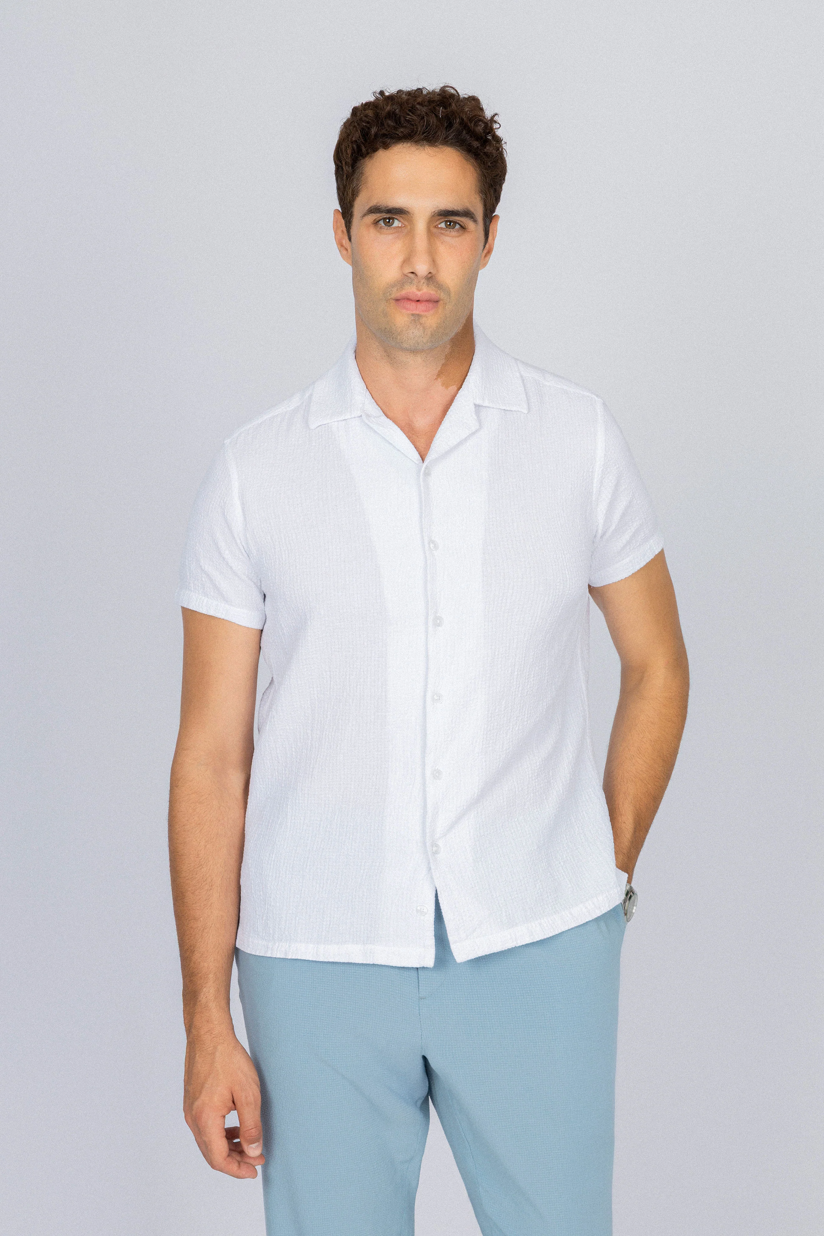 Patterned White Short Sleeves Shirt