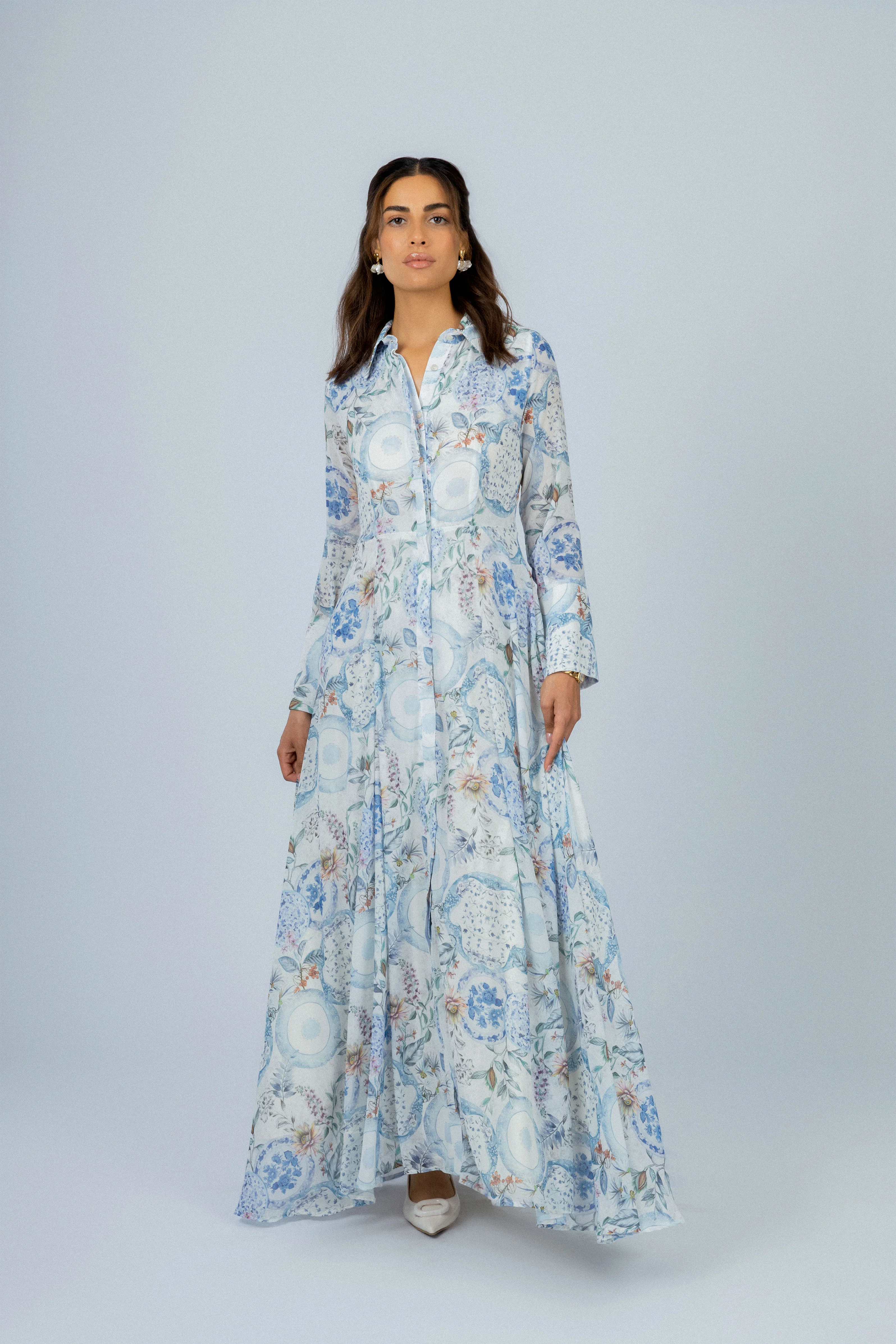 Printed Blue Chiffon Classic Long Dress - Image 2
