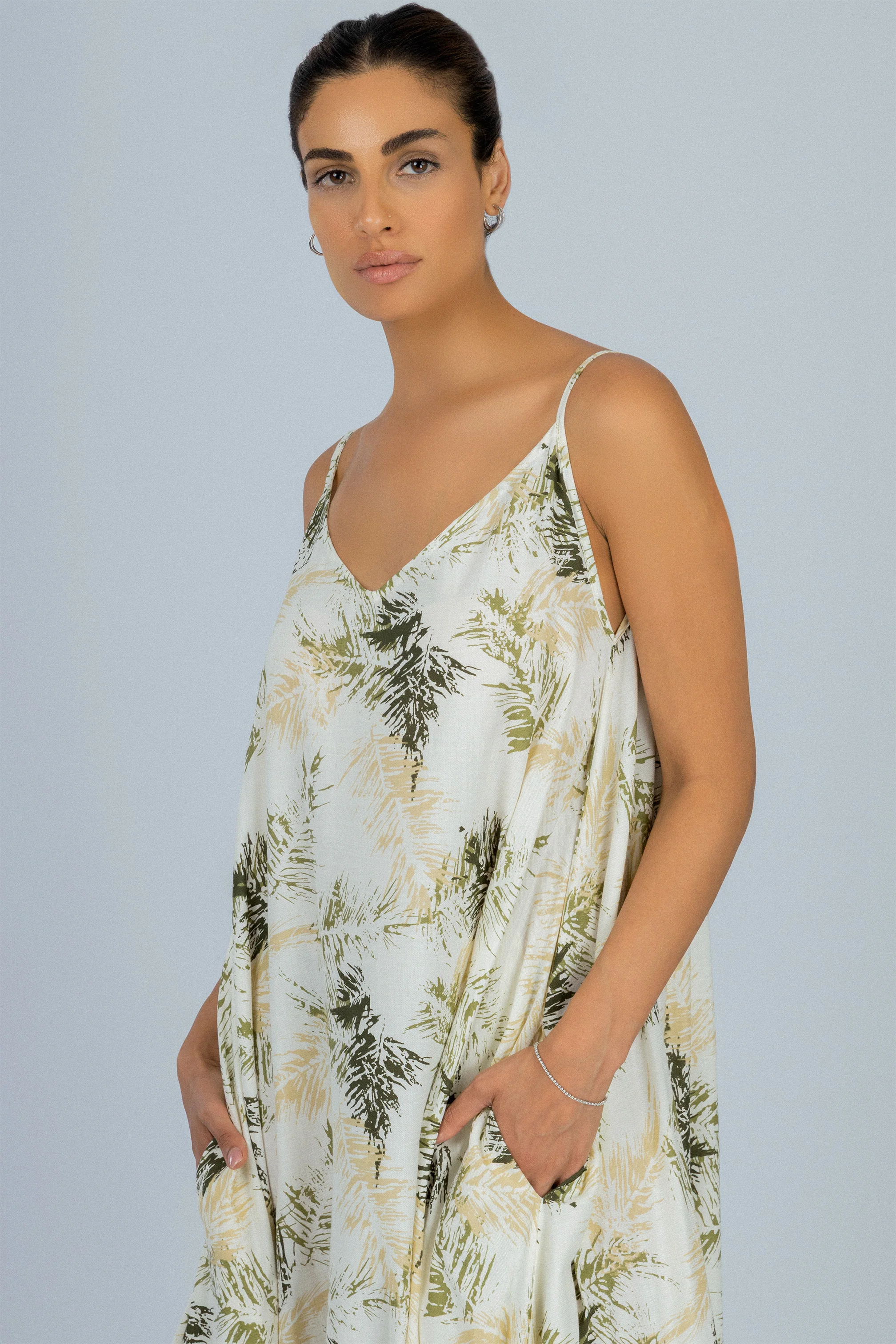 Printed Dark Green Twill Long Casual Dress - Image 2