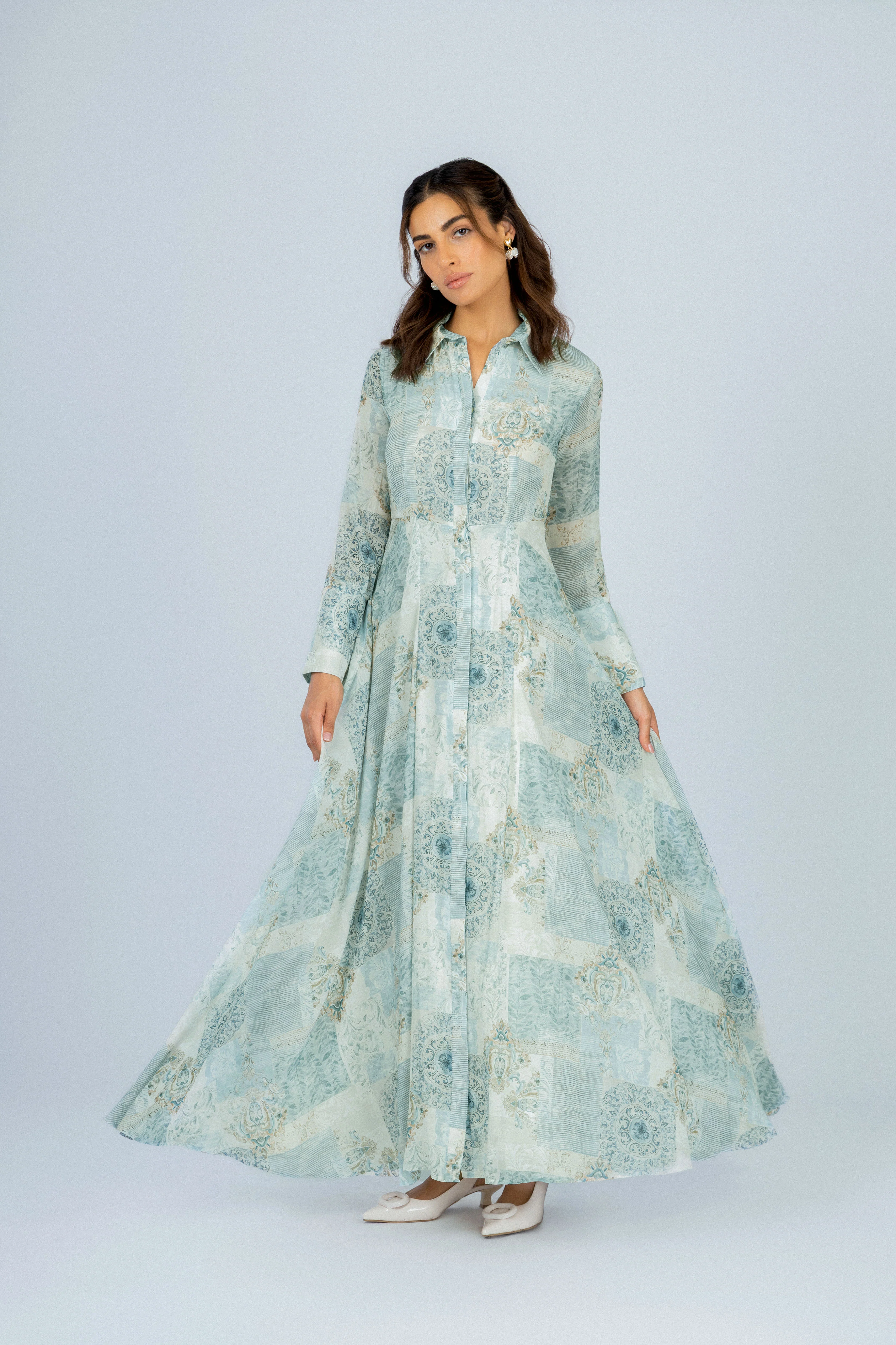 Printed Light Green Chiffon Classic Long Dress - Image 6