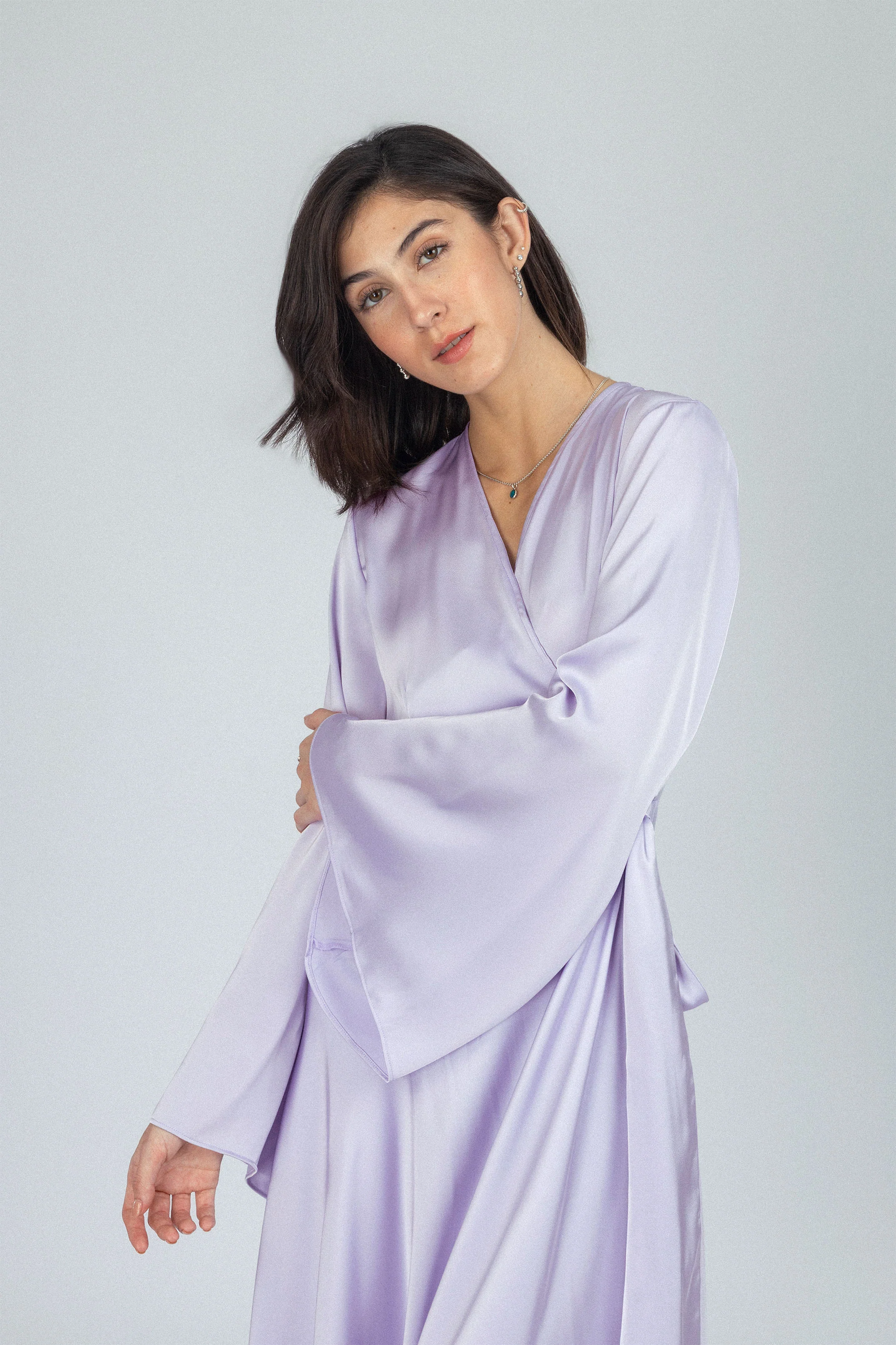 Solid Light Purple Satin Classic Long Dress