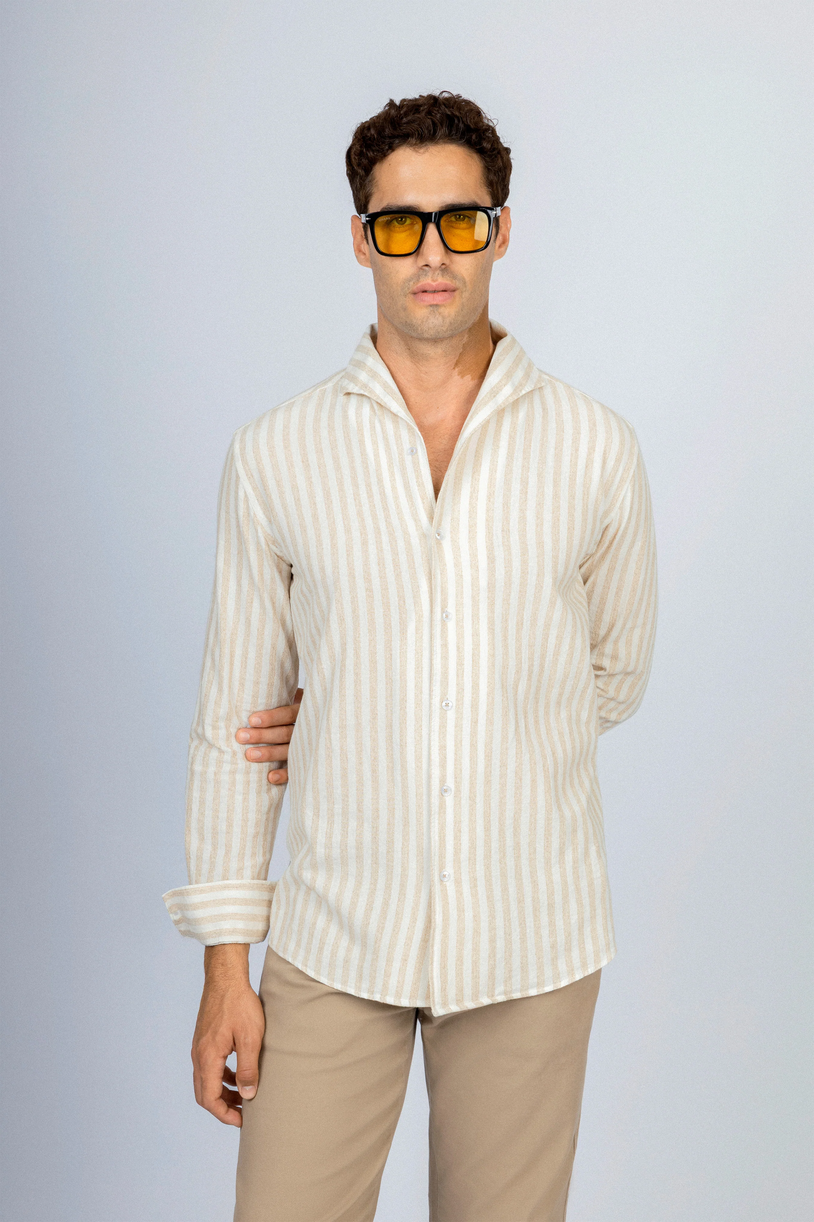 Striped Beige Linen Blend Casual Shirt