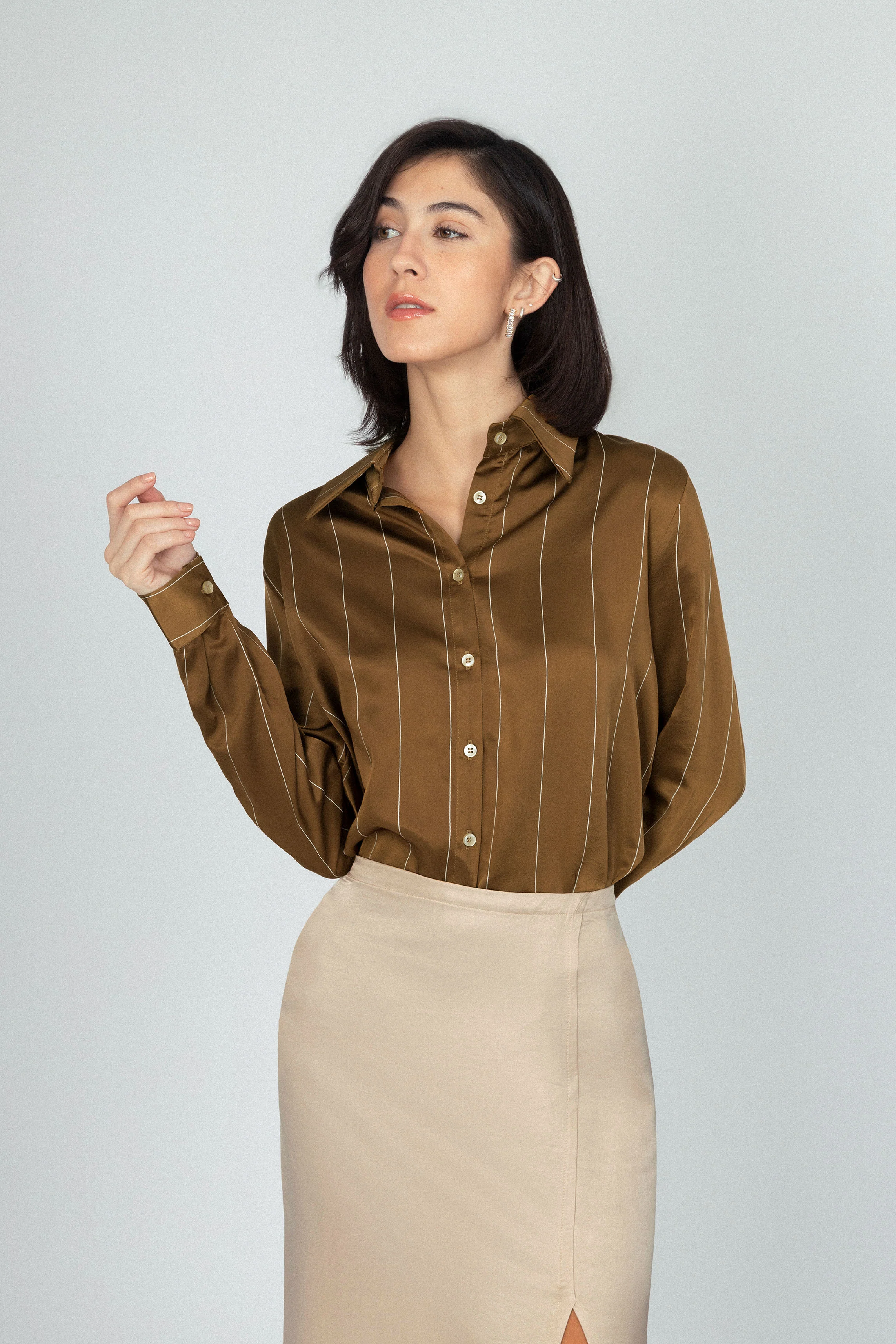Striped Brown Satin Casual Shirt - Image 4