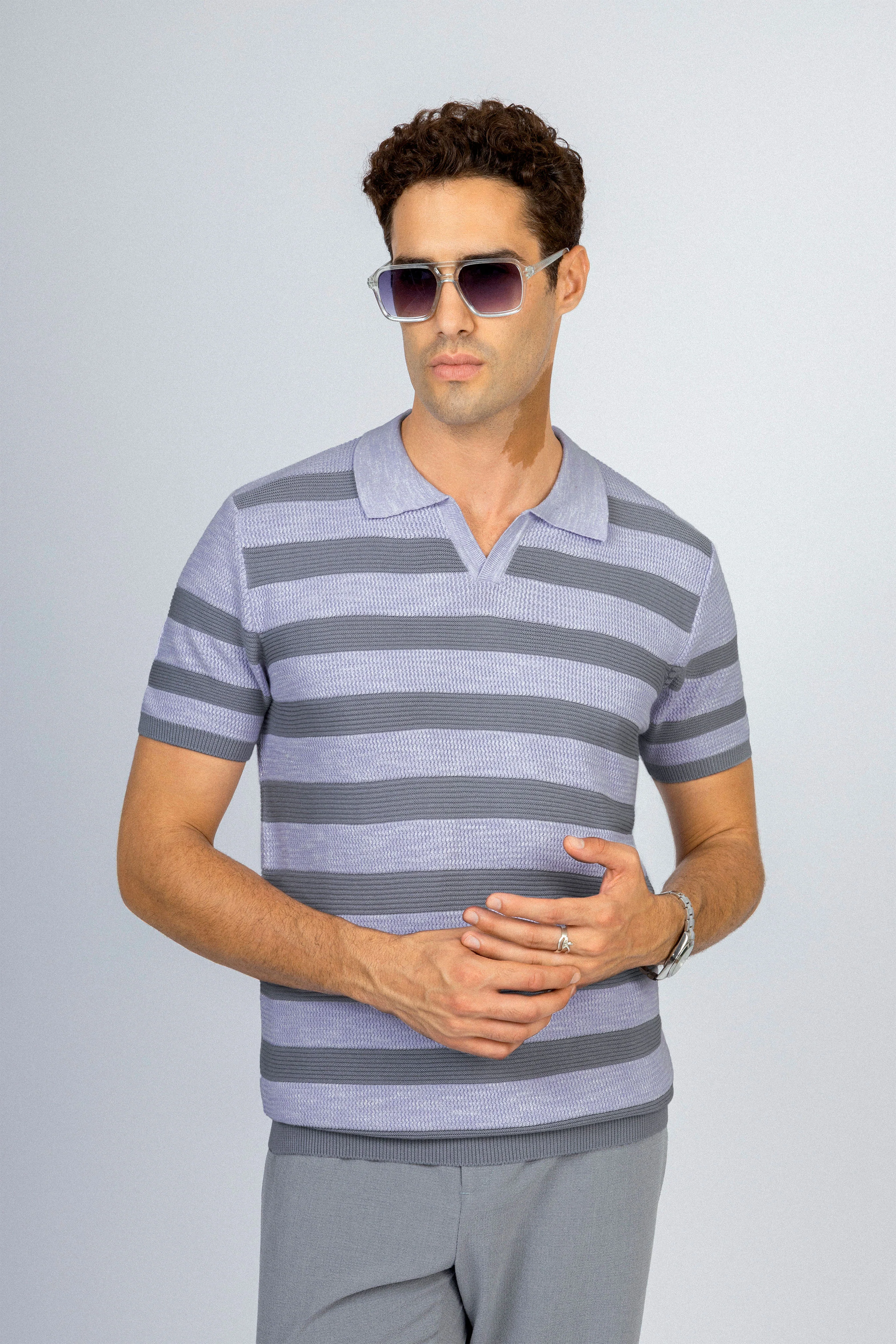 Striped Knitted Jacquard Mauve V neck Polo