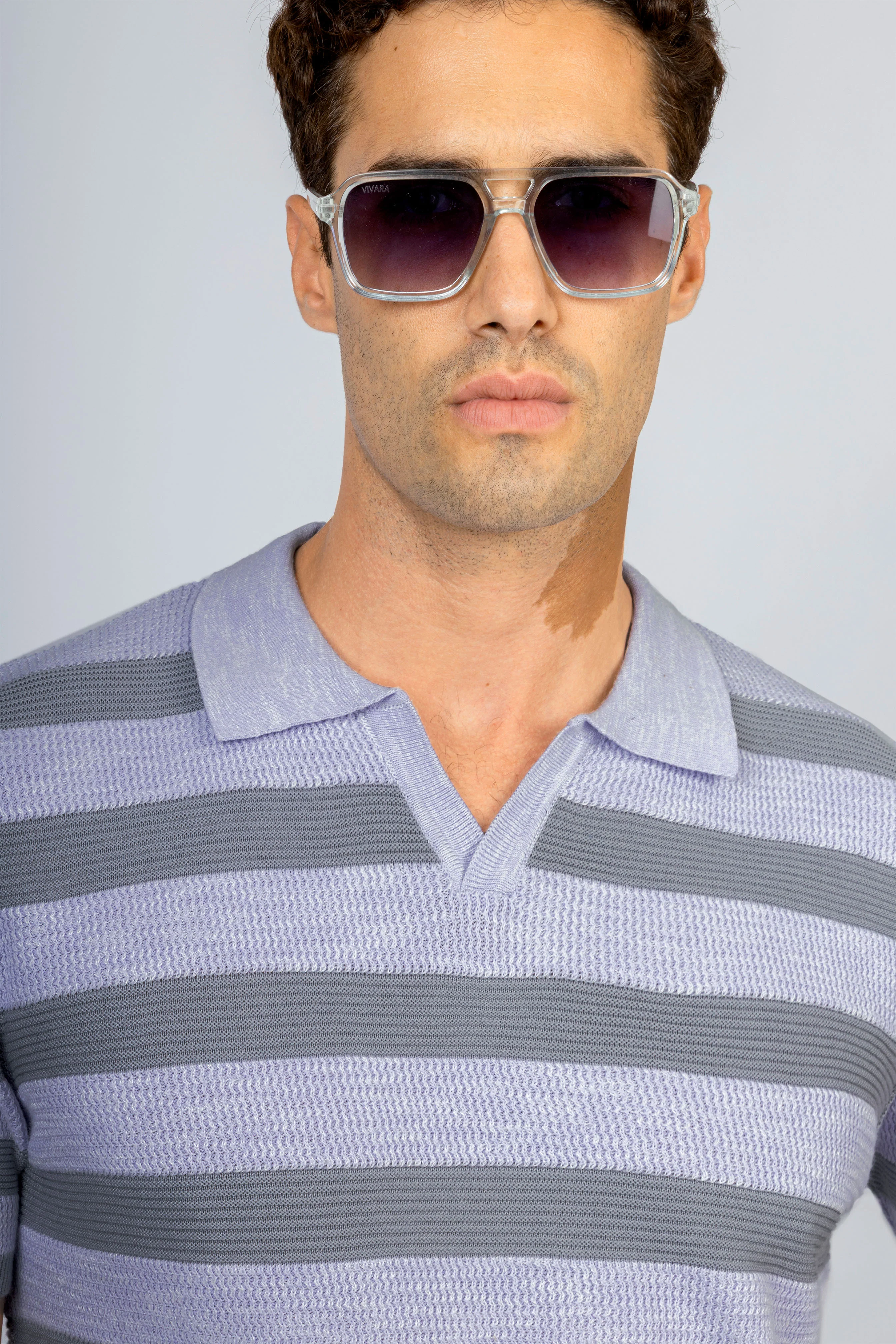 Striped Knitted Jacquard Mauve V neck Polo - Image 3