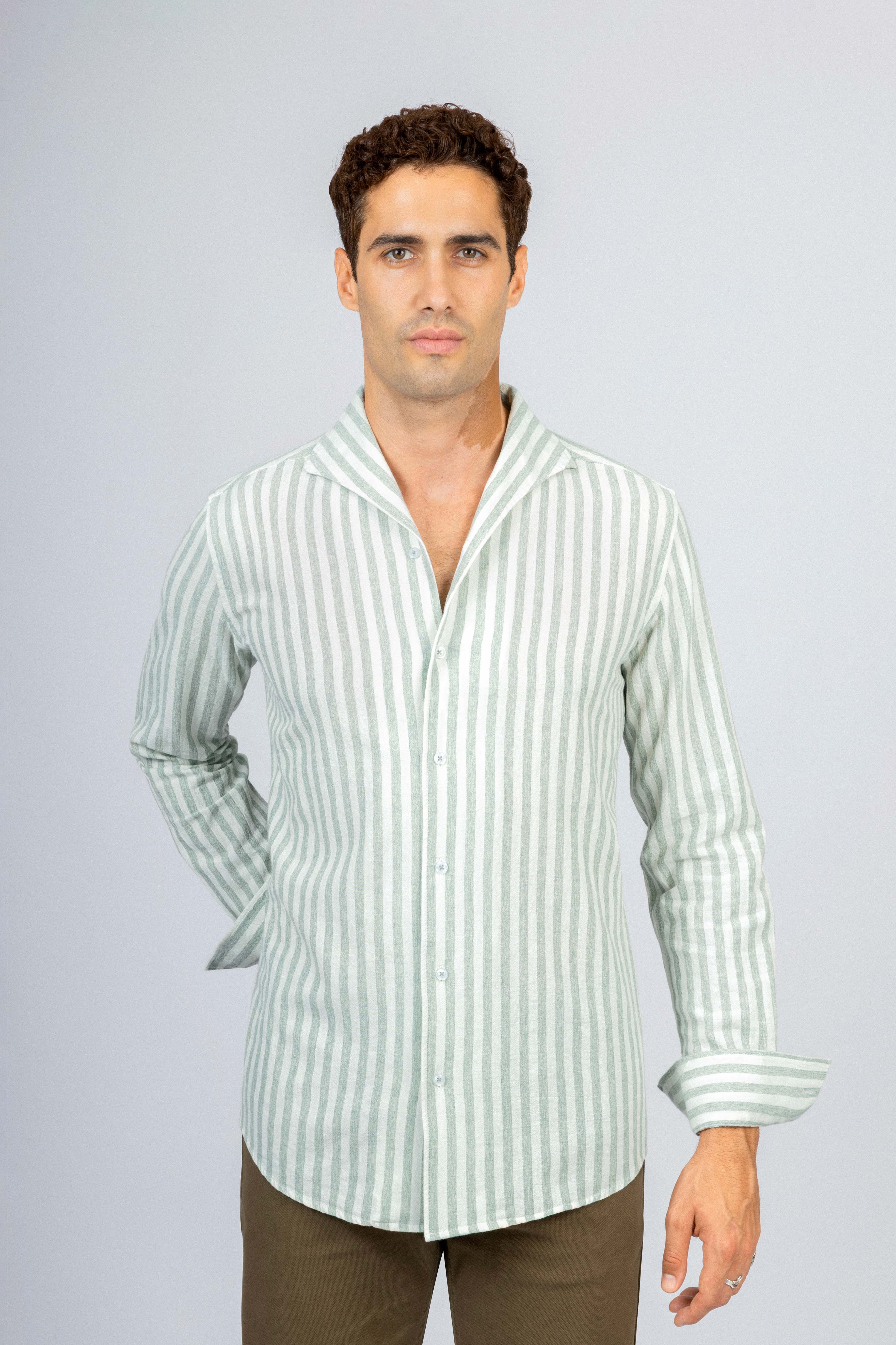 Striped Light Green Linen Blend Casual Shirt