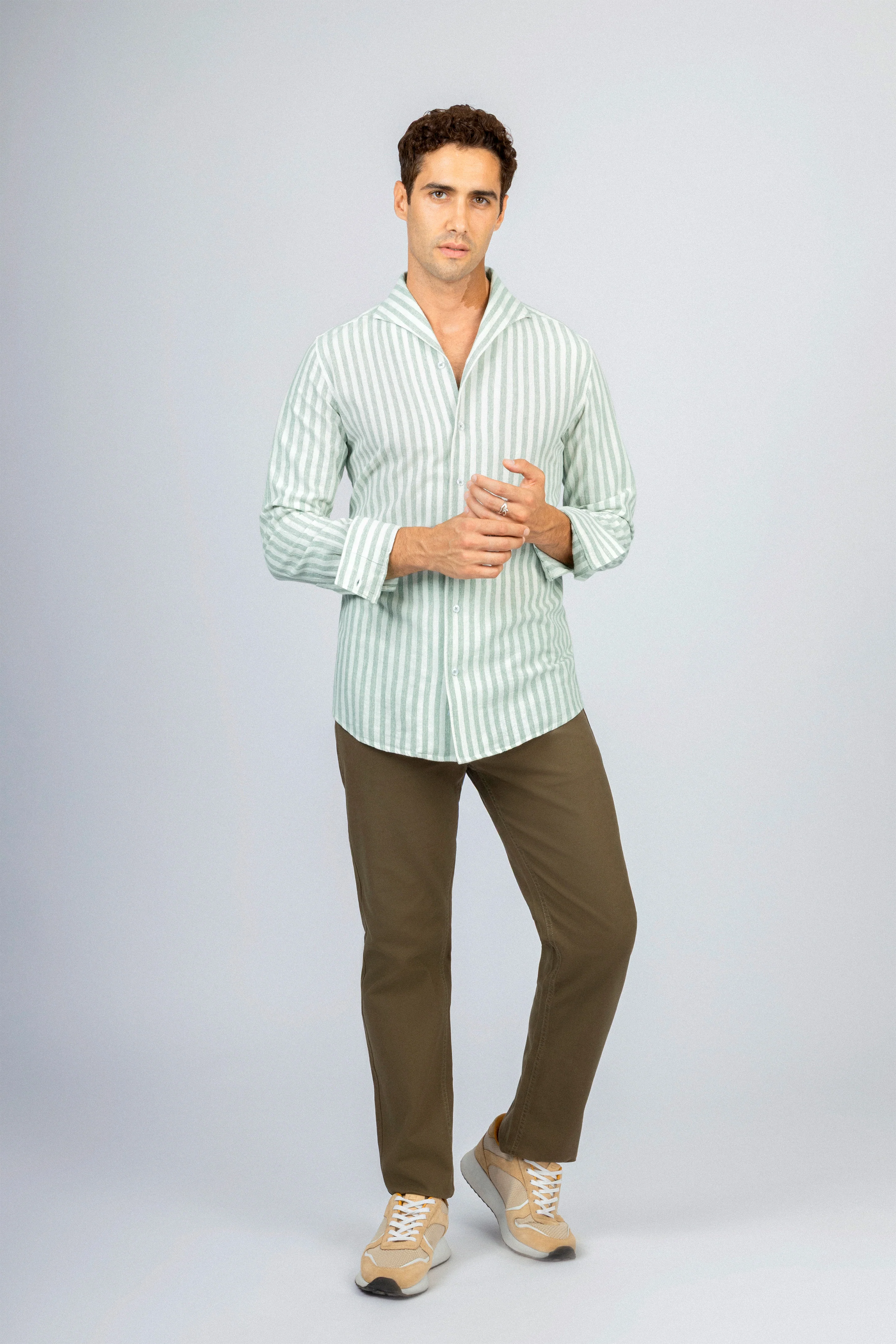 Striped Light Green Linen Blend Casual Shirt - Image 2