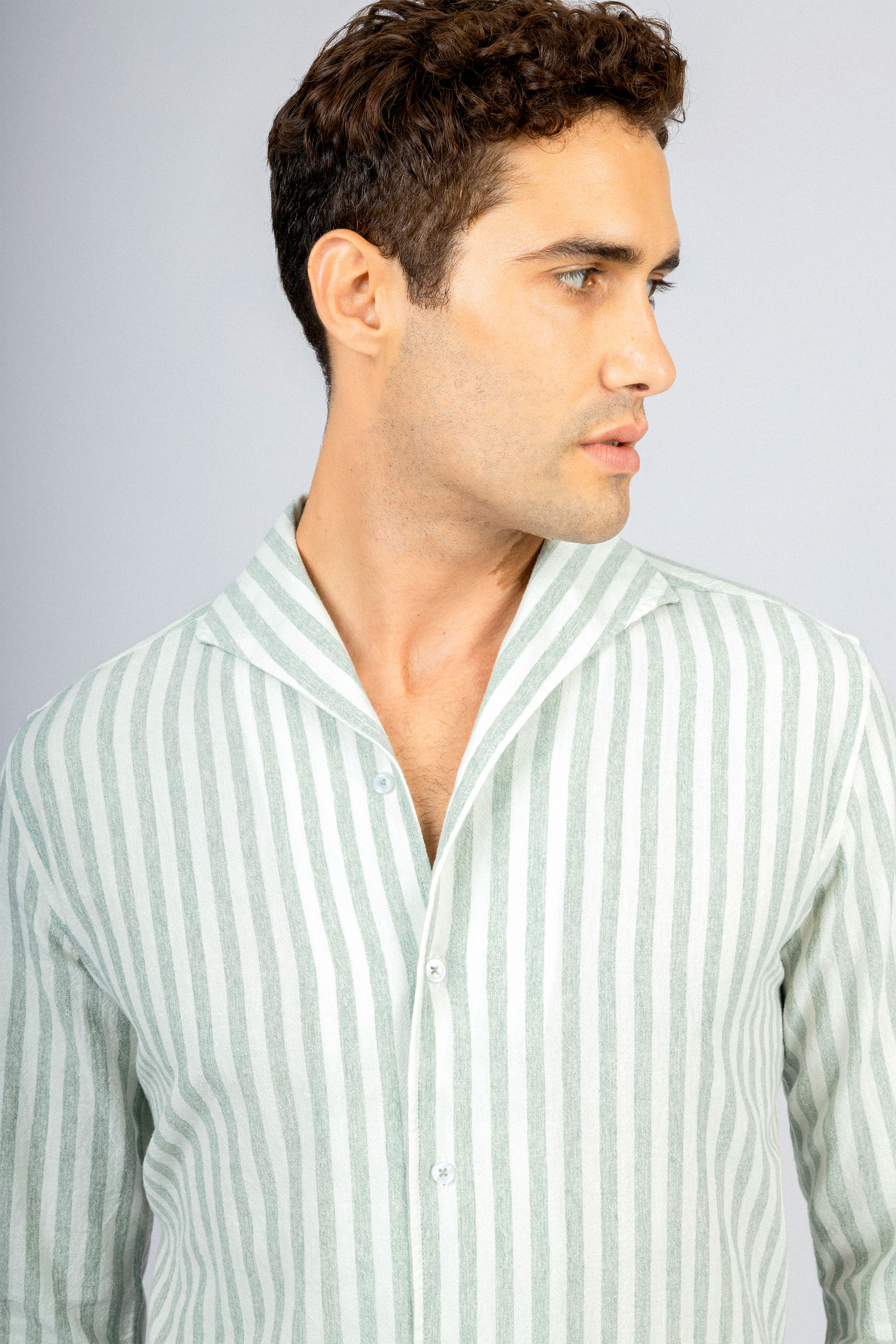 Striped Light Green Linen Blend Casual Shirt - Image 3
