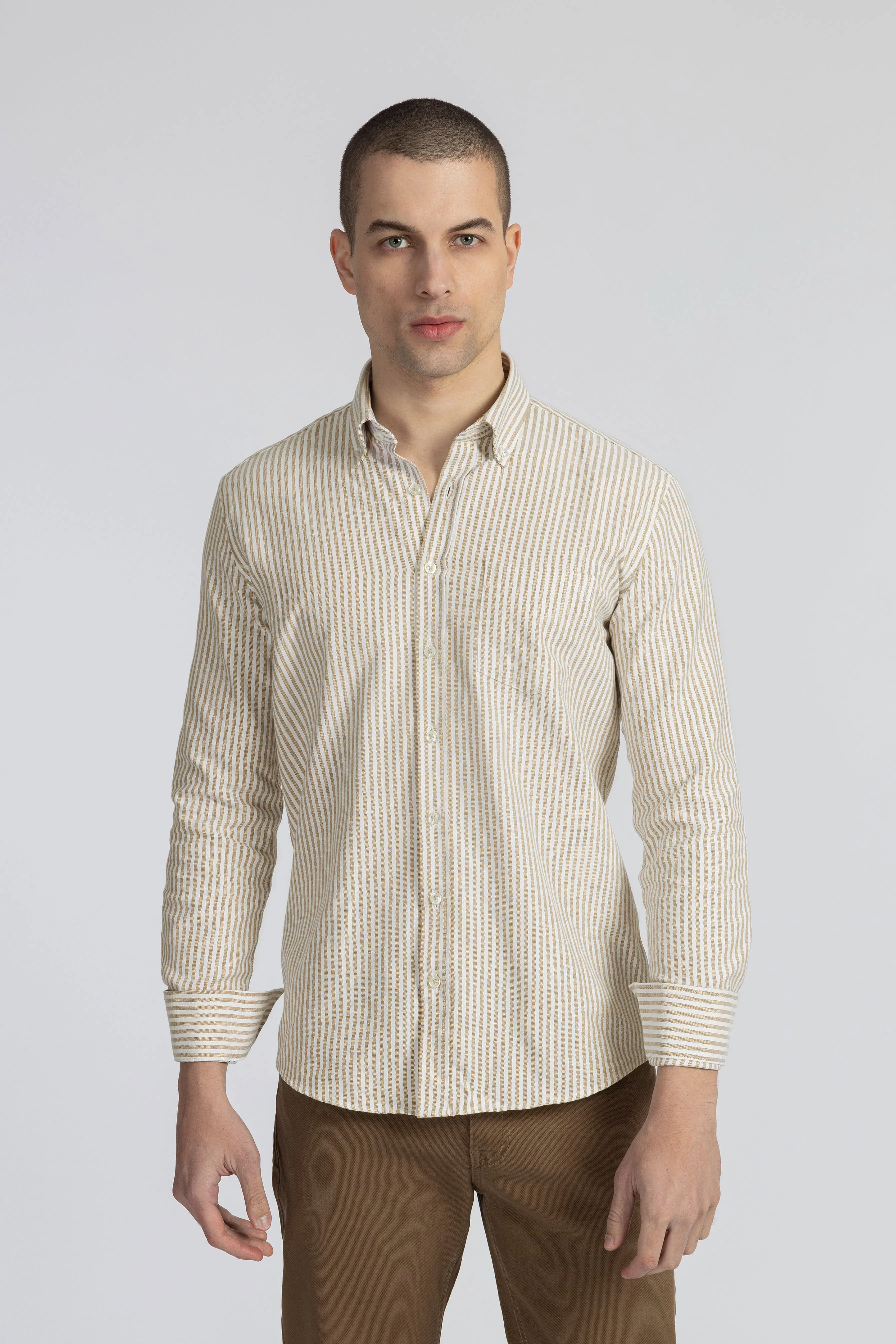 Striped Oxford Beige Casual Shirt with Pocket - Image 2