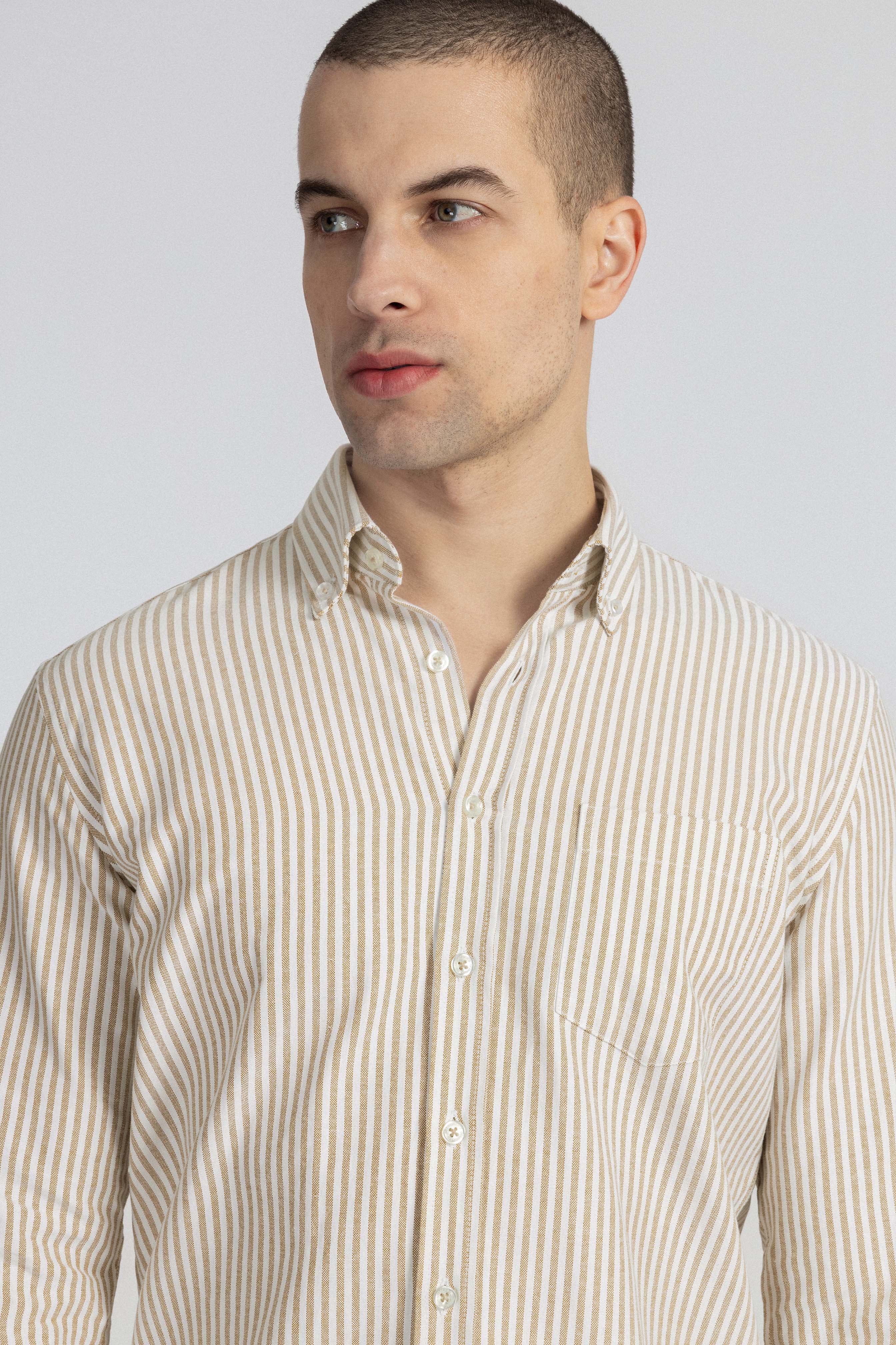 Striped Oxford Beige Casual Shirt with Pocket - Image 3