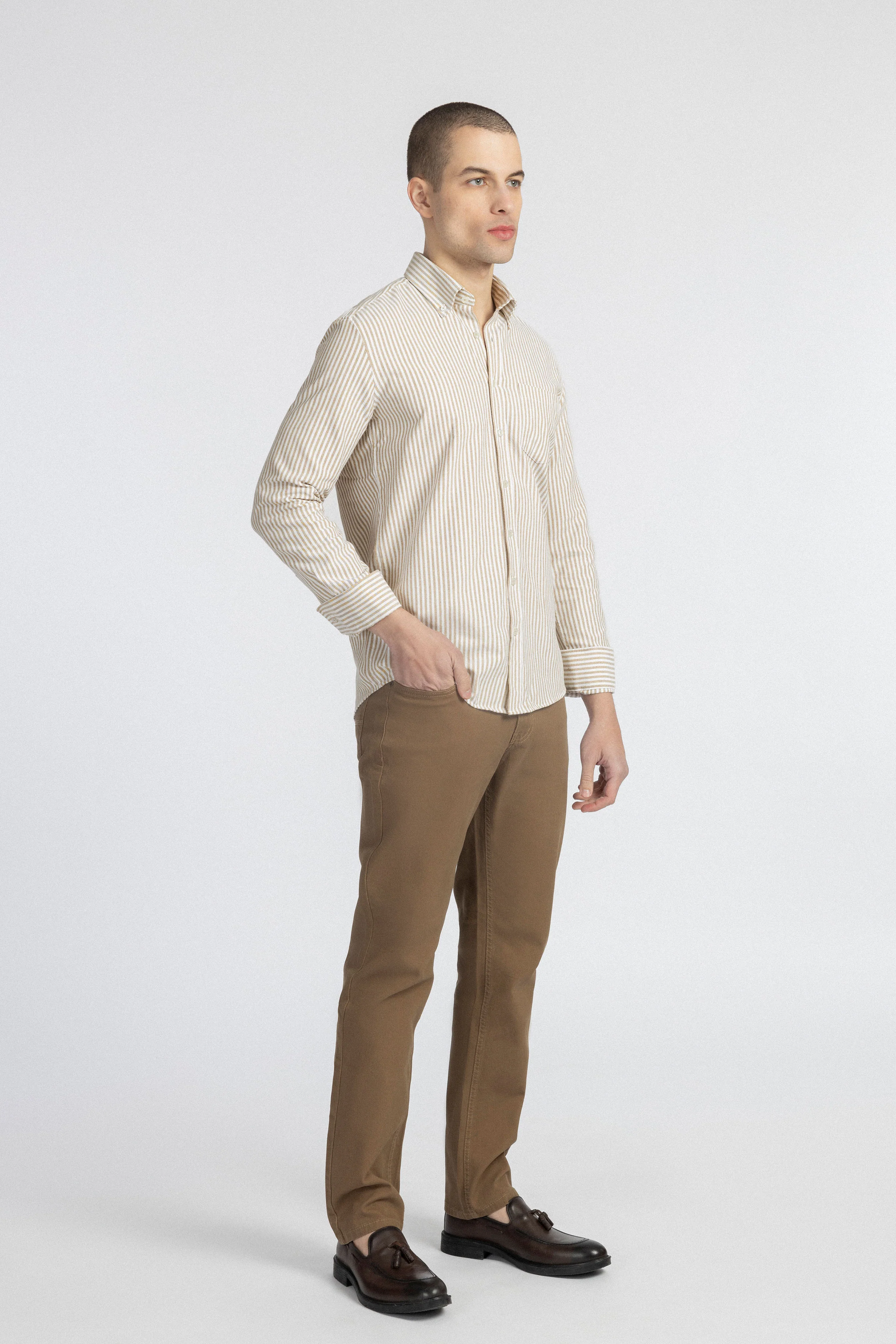 Striped Oxford Beige Casual Shirt with Pocket - Image 4