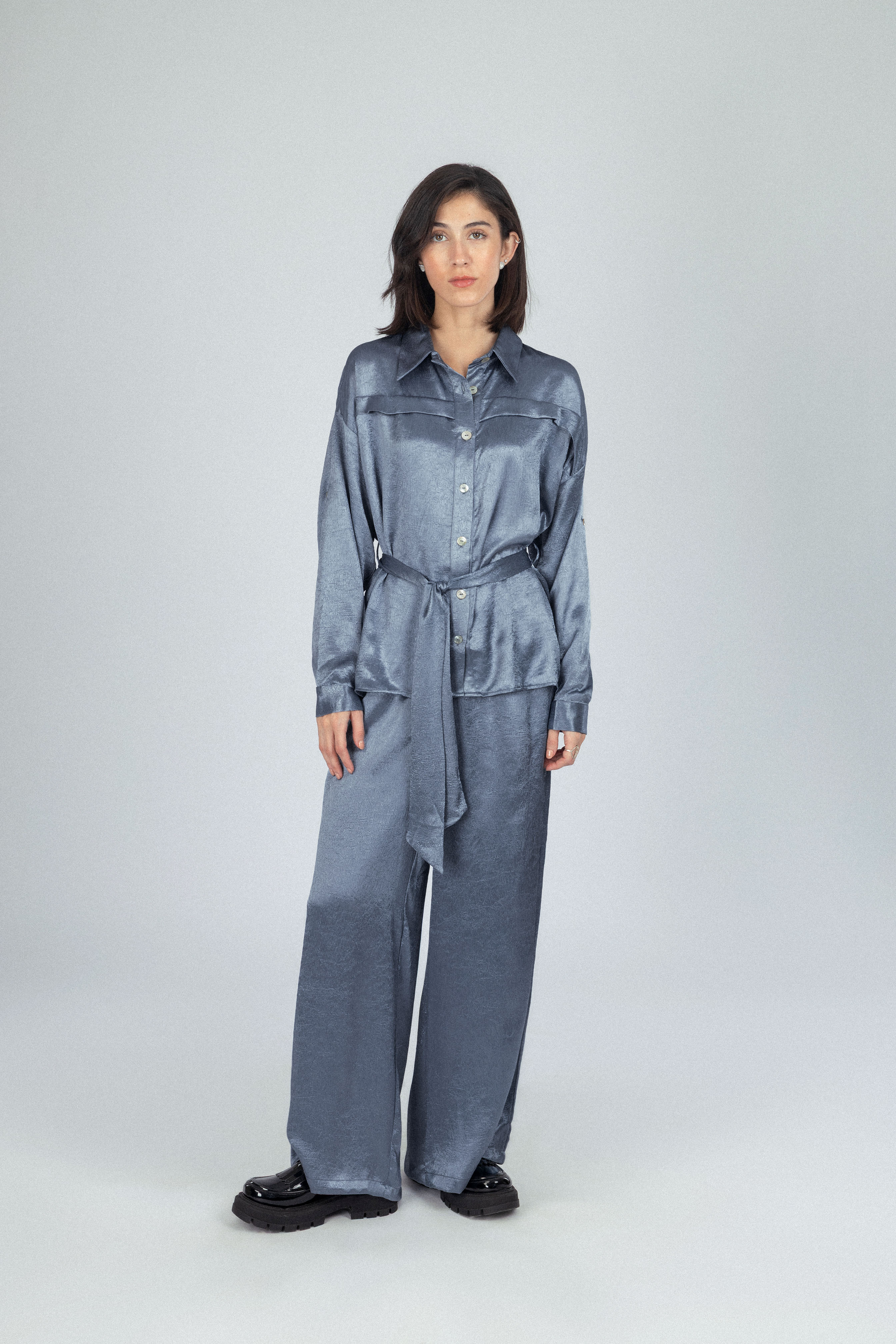 Textured Metallic Blue Satin Set - Image 2
