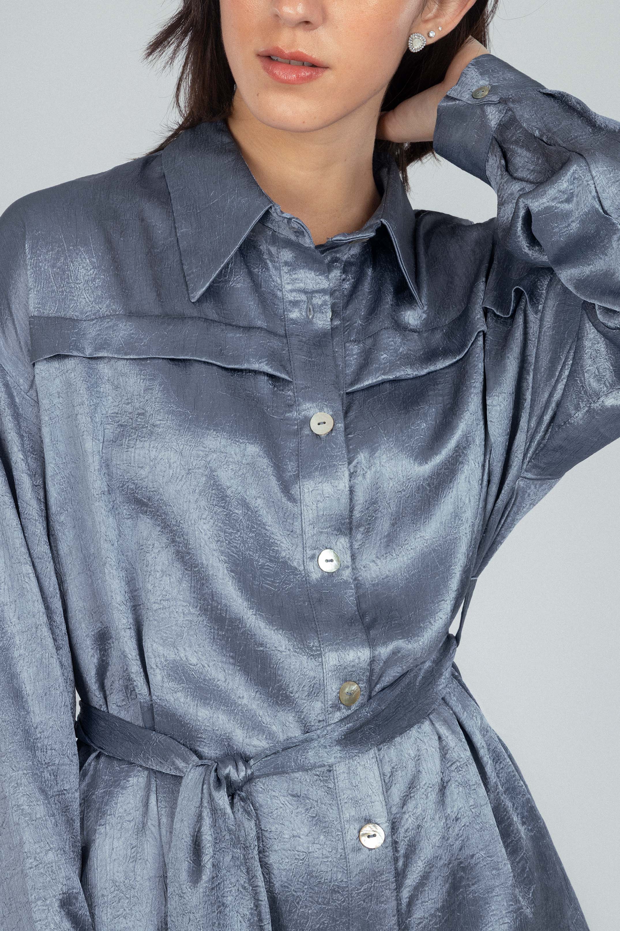 Textured Metallic Blue Satin Set - Image 3