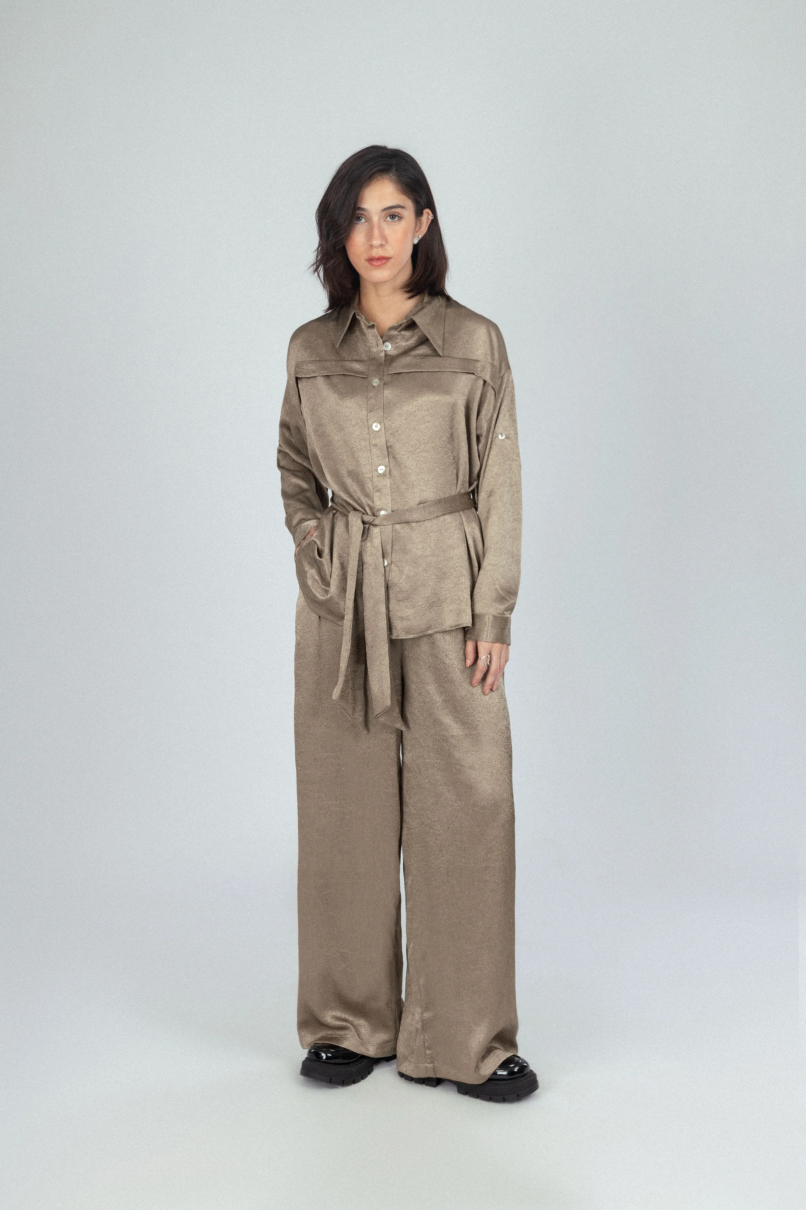 Textured Khaki Satin Set - Image 2