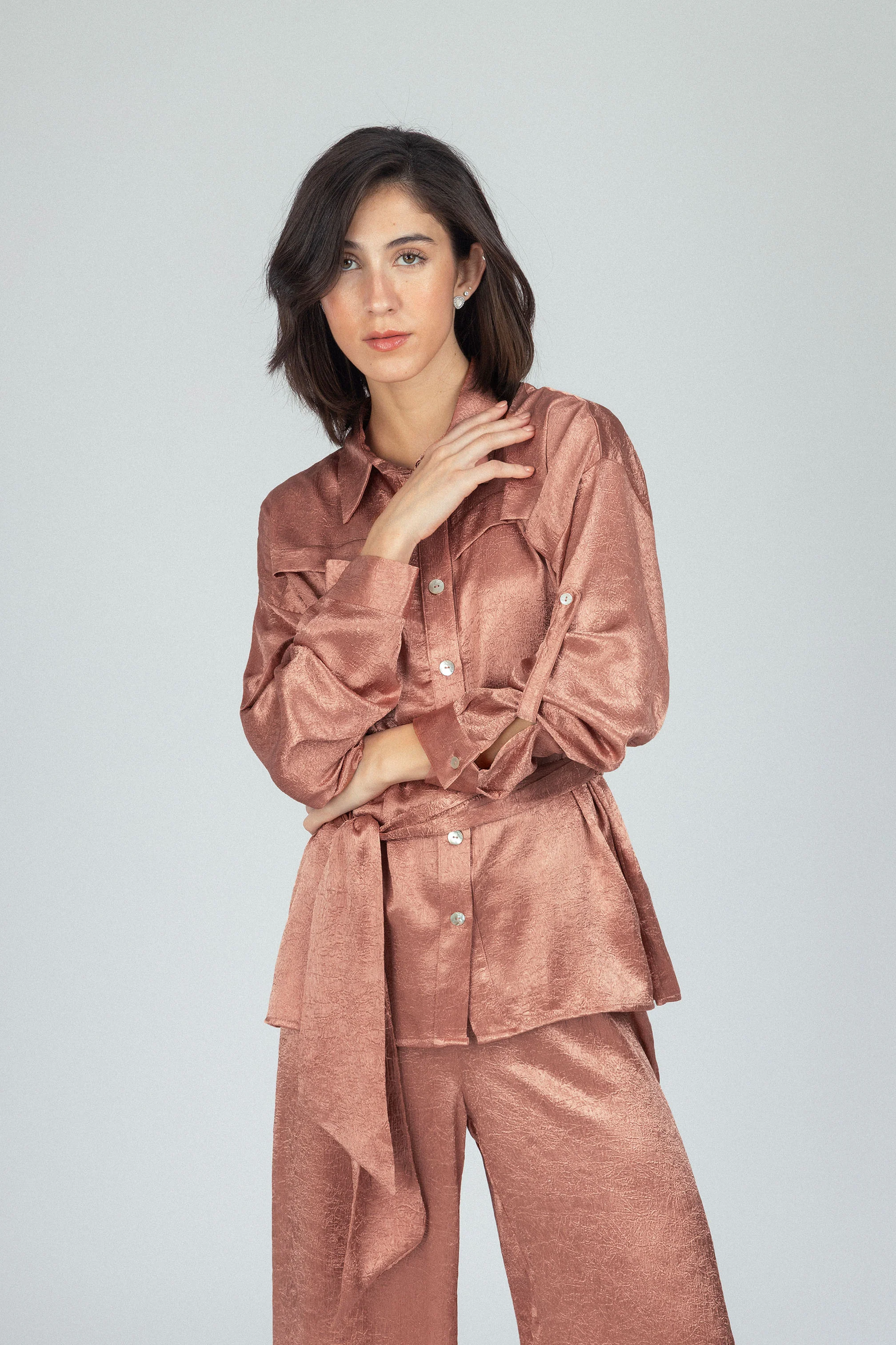 Textured Redwood Brown Satin Set