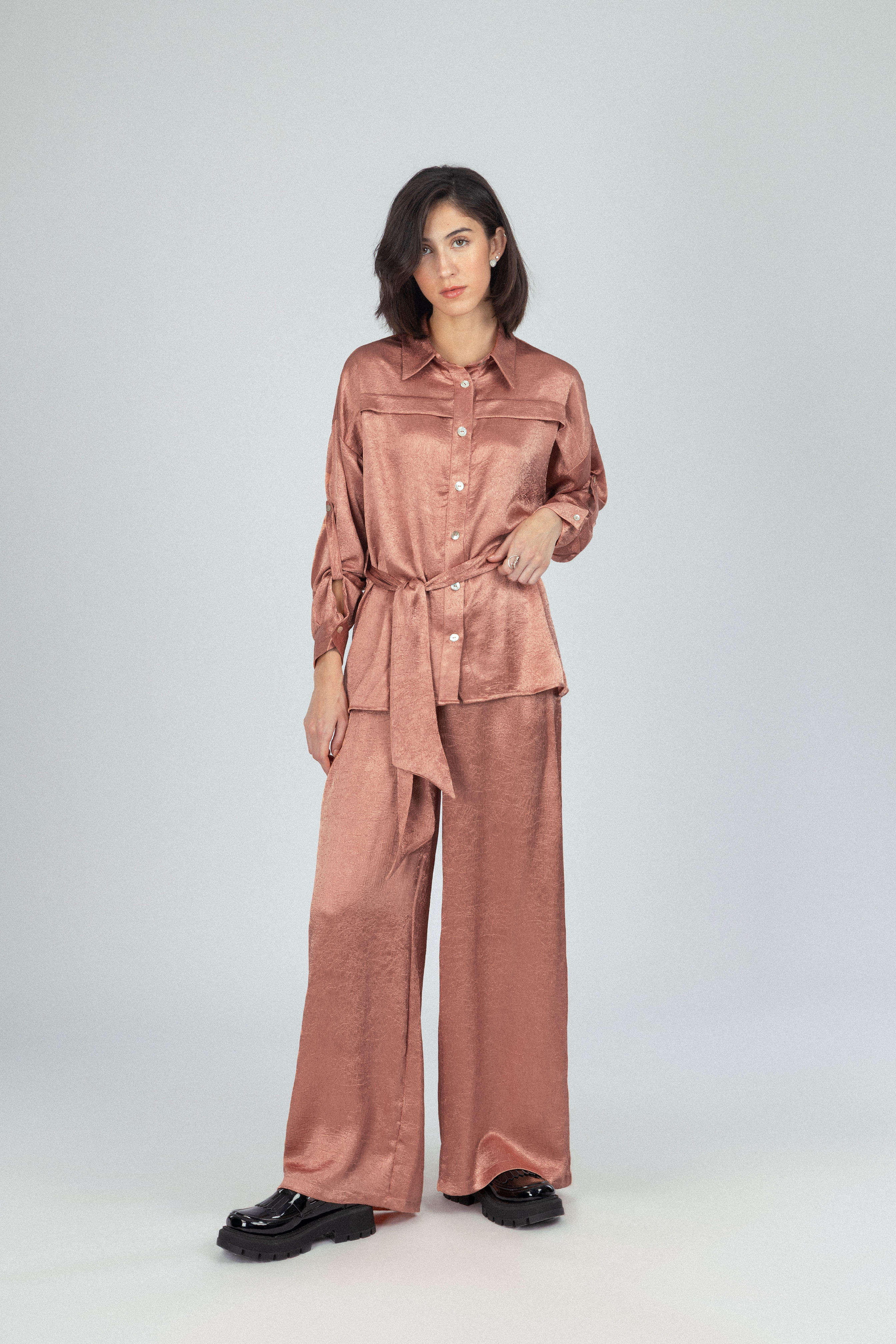 Textured Redwood Brown Satin Set - Image 2