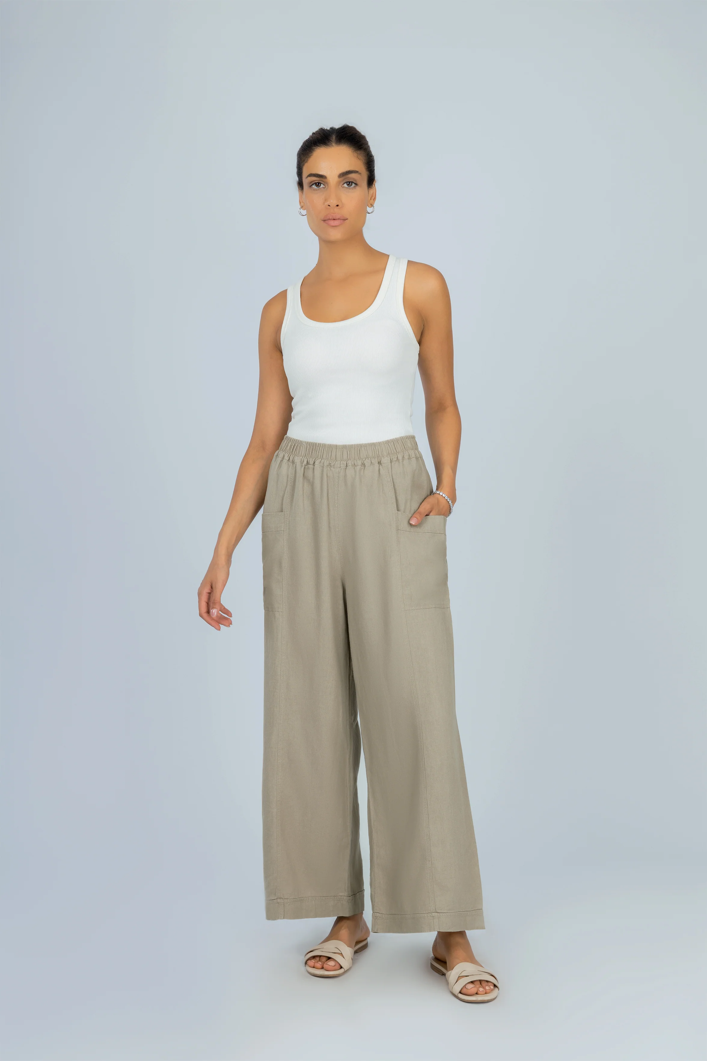 Wide Leg Light Brown Linen Look Pant