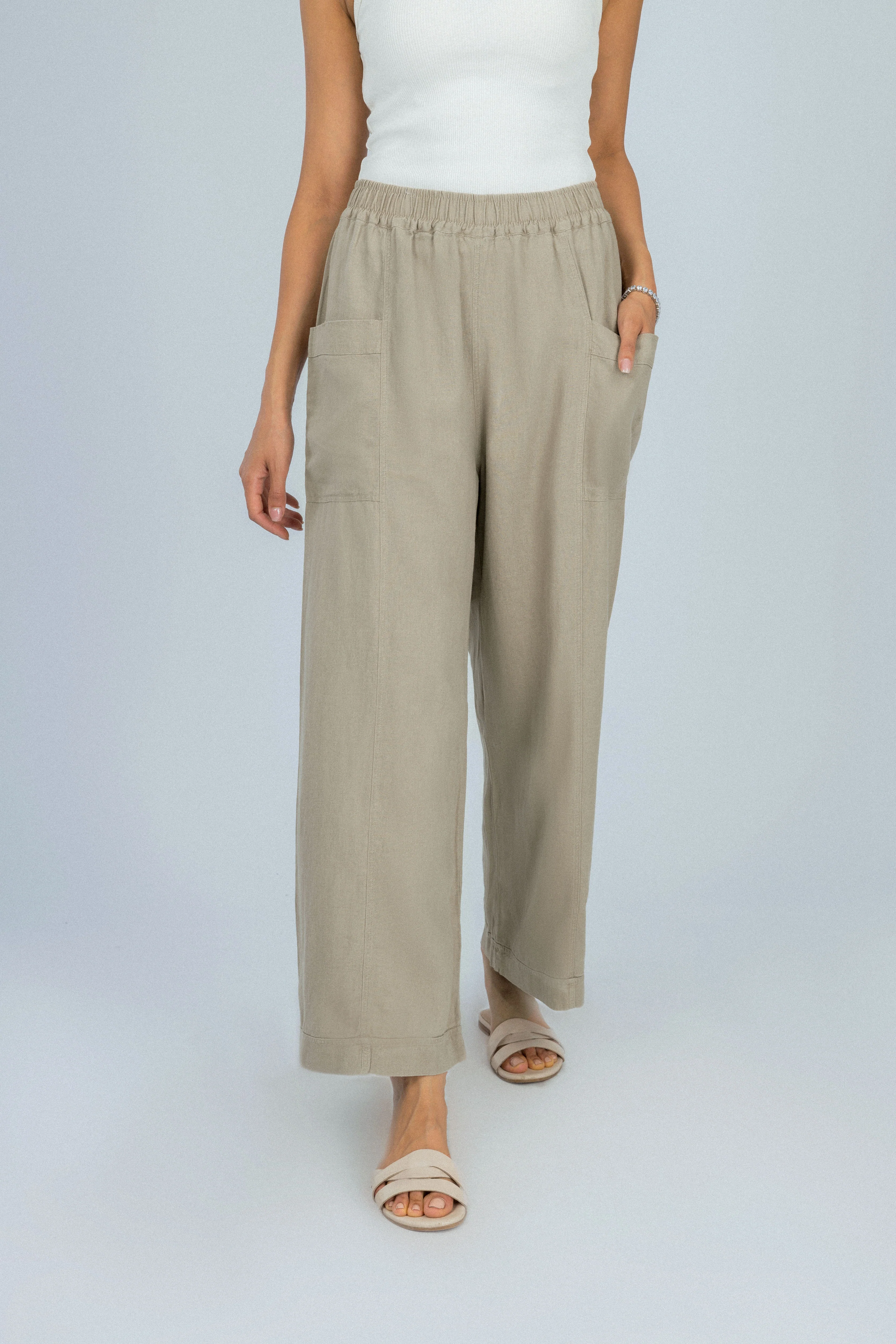 Wide Leg Light Brown Linen Look Pant - Image 2