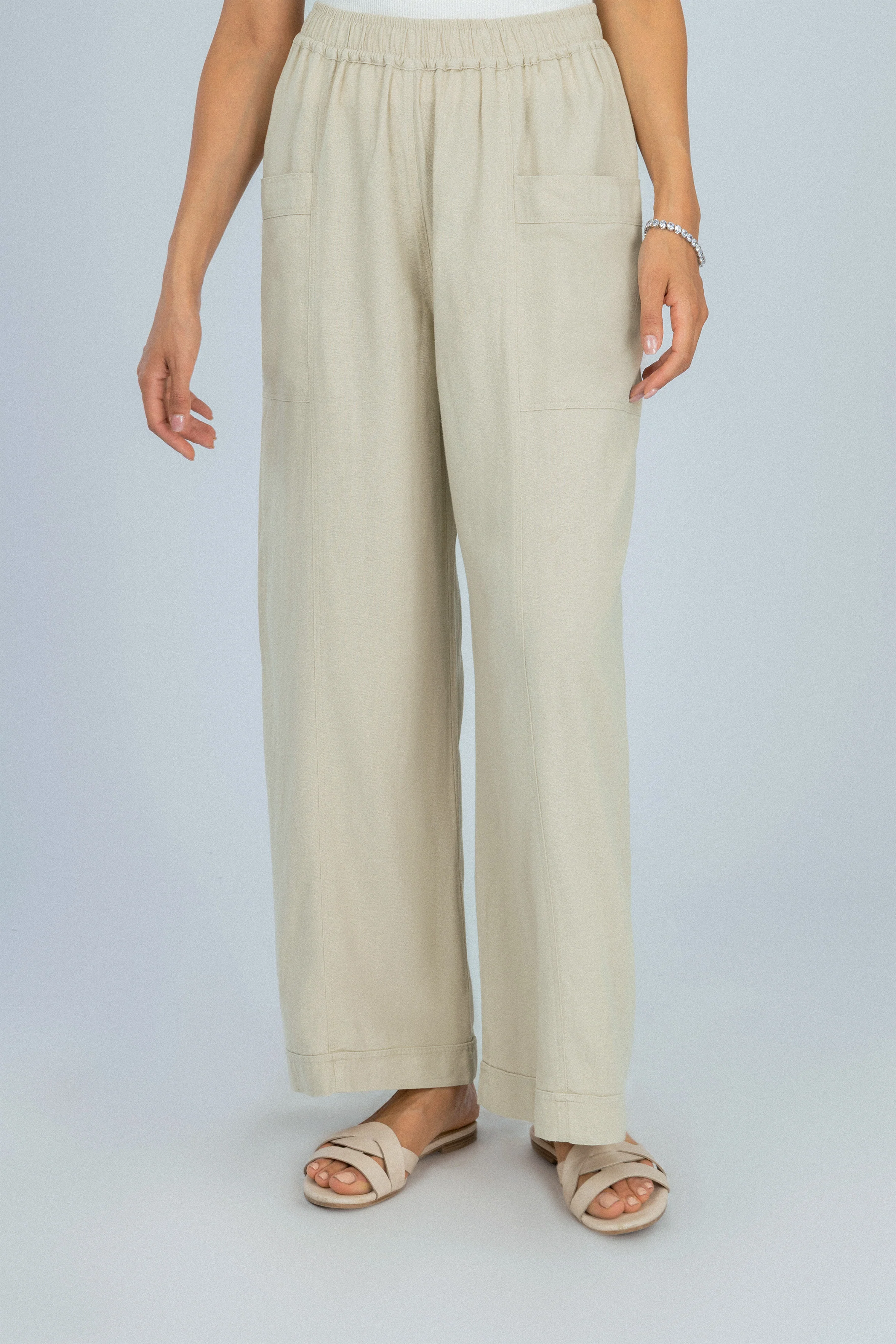 Wide Leg Beige Linen Look Pant - Image 2