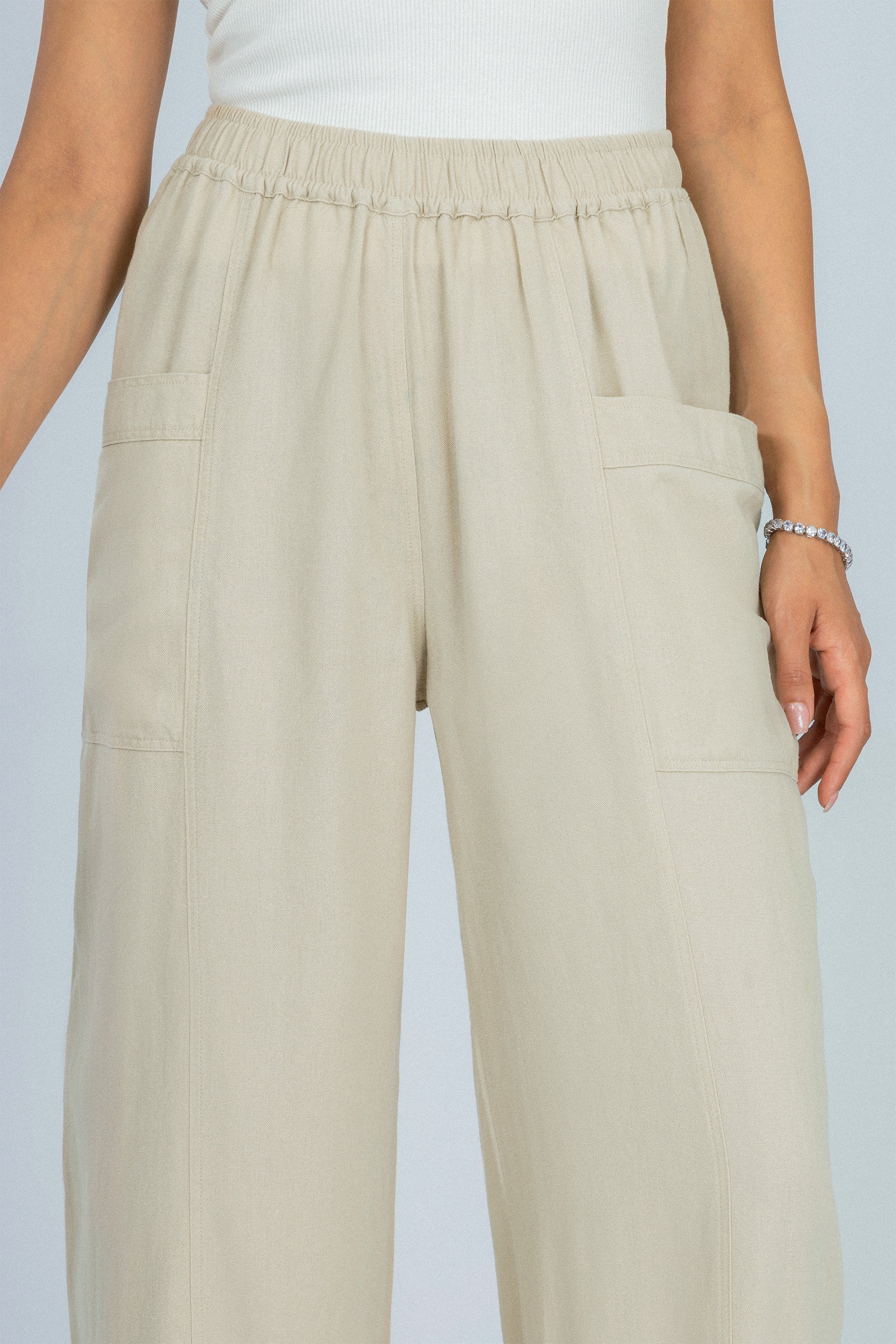 Wide Leg Beige Linen Look Pant - Image 3