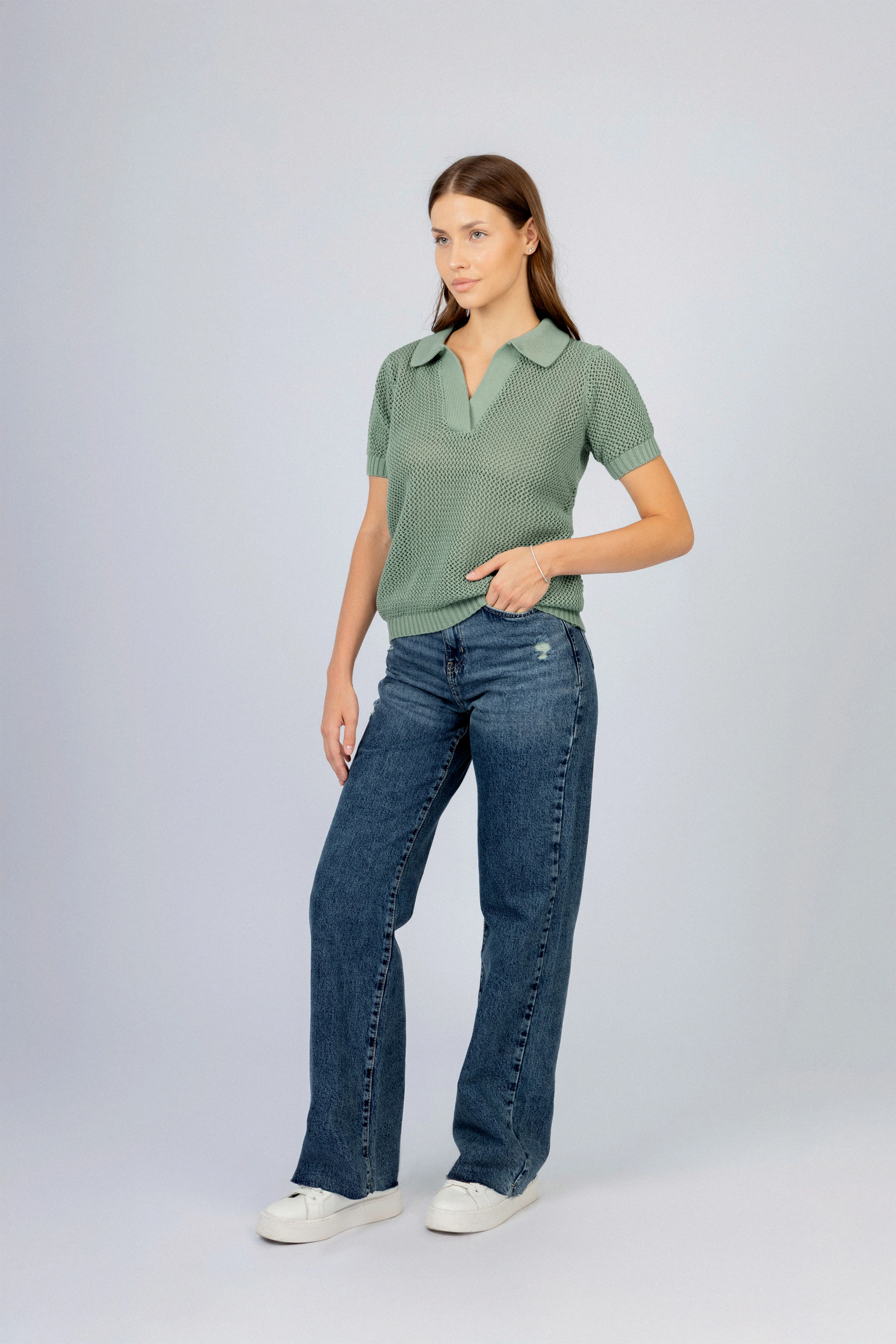 Women’s Sage Green Knit Polo Shirt - Image 2