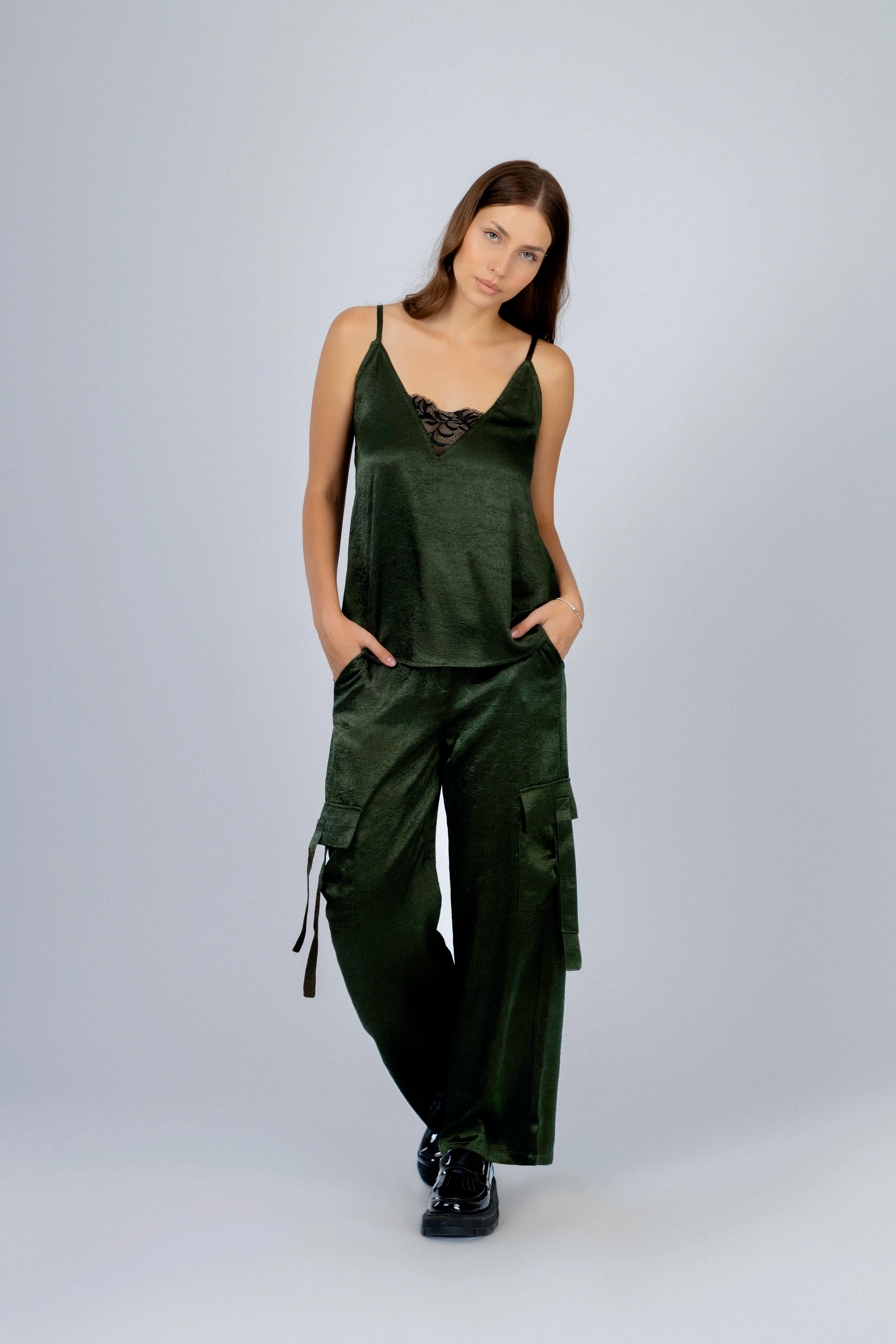 Womens Dark green Satin Cargo pants