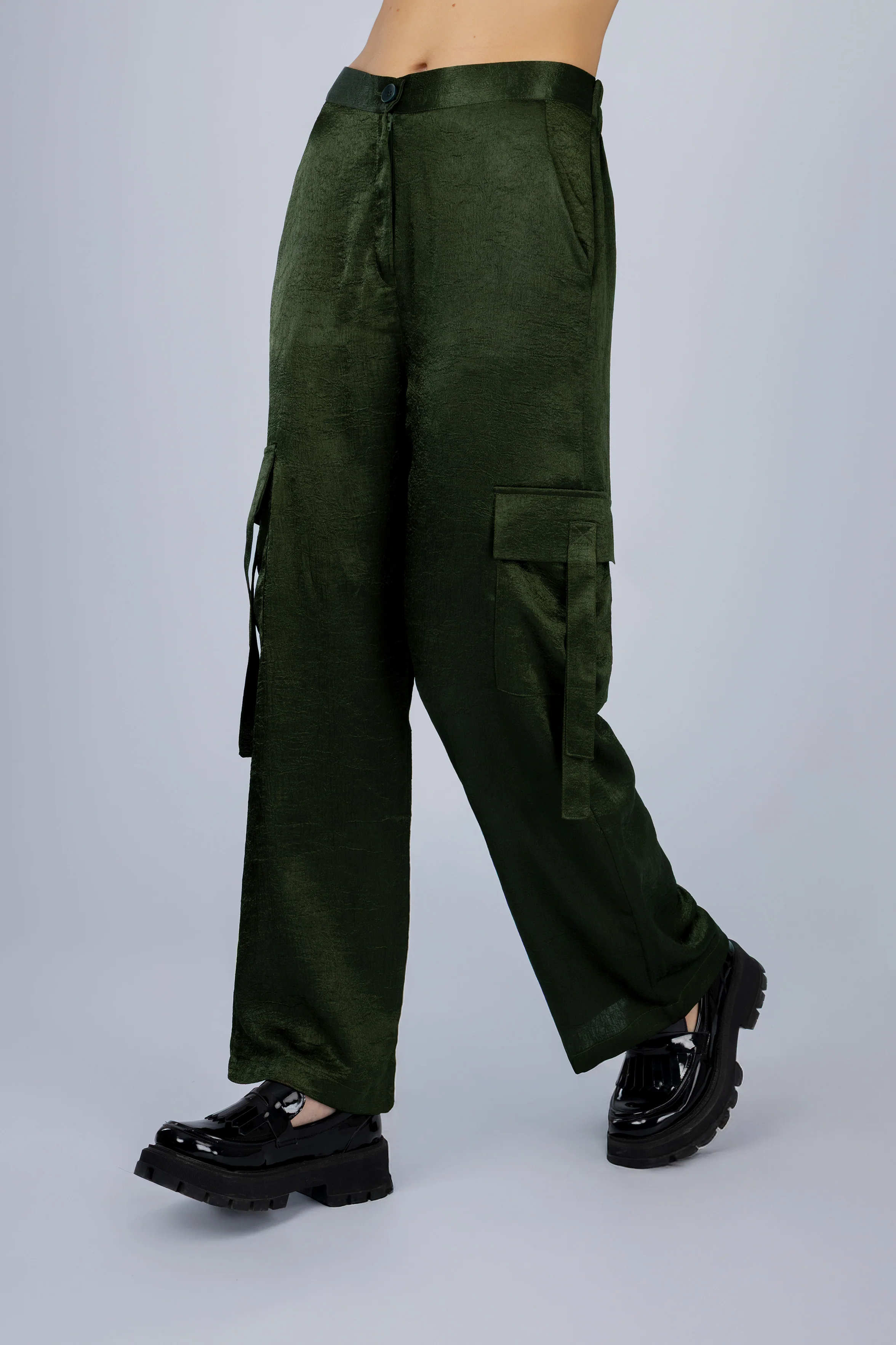 Womens Dark green Satin Cargo pants - Image 2
