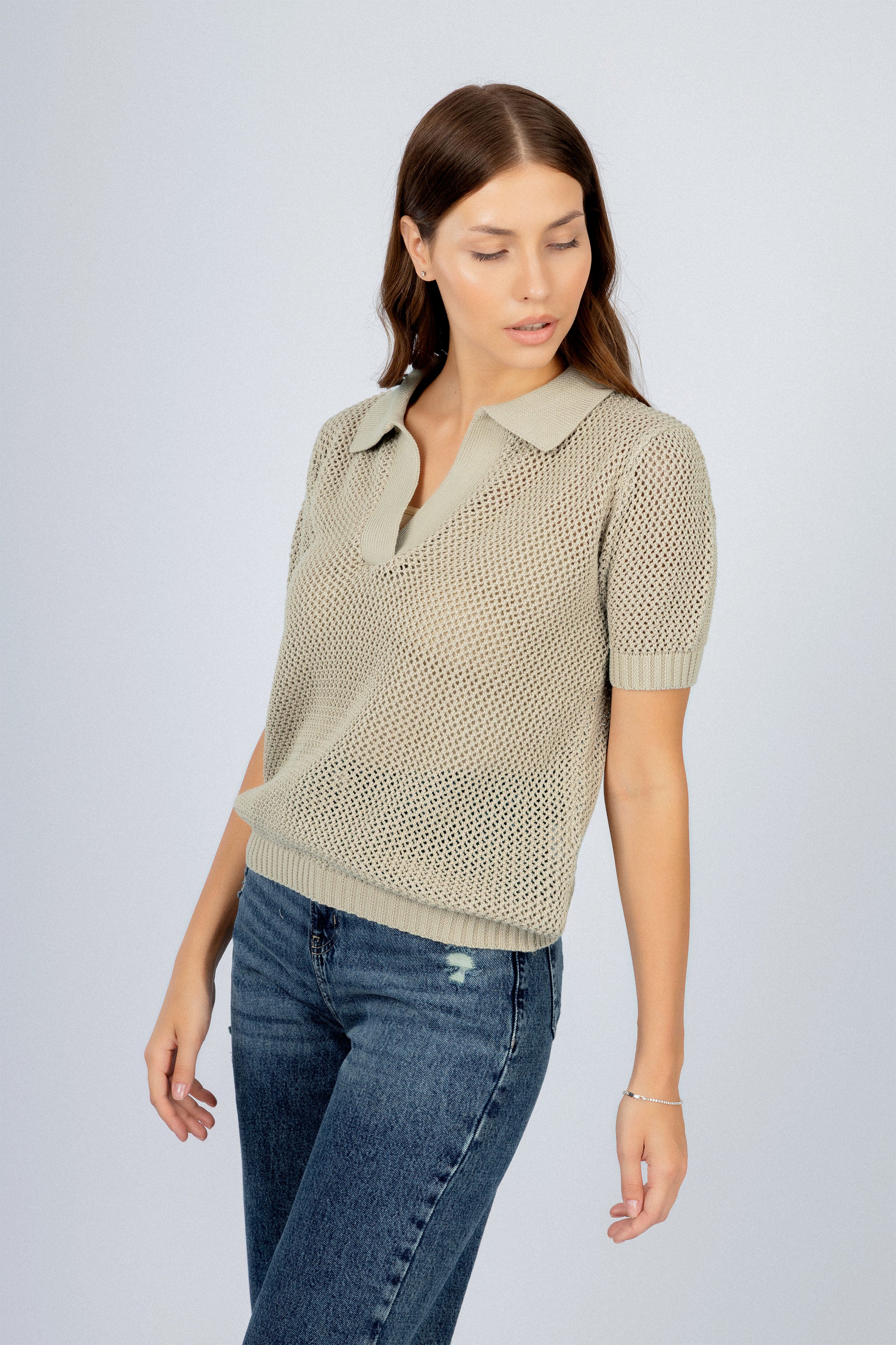 Light Green Crochet-Style Knitted Womens T-Shirt