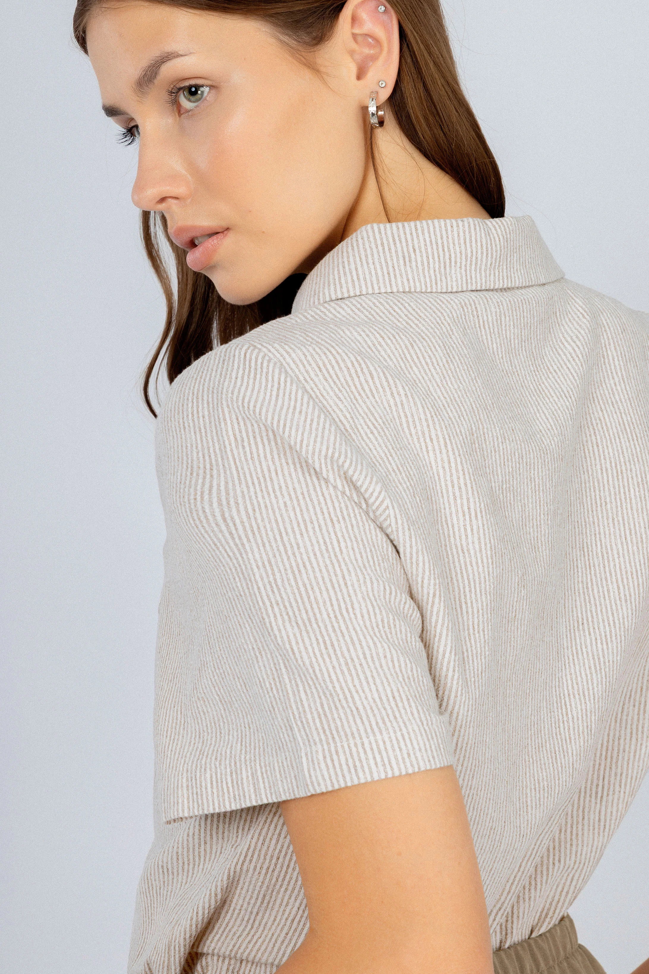 Womens Linen Blend Striped Brown Short Sleeves Shirt - Image 3